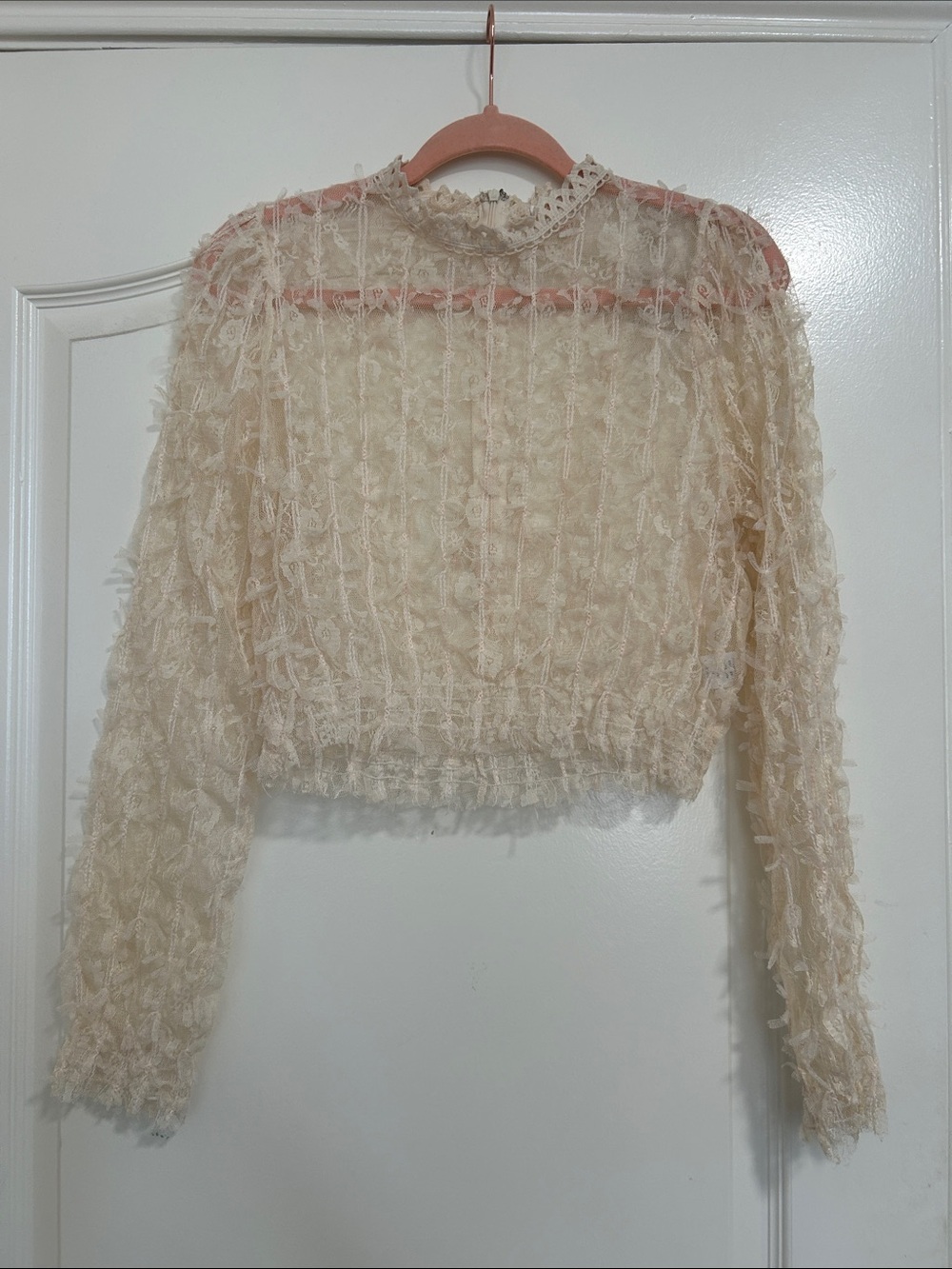 Women's Cream Textured Sheer Long-Sleeve Top
